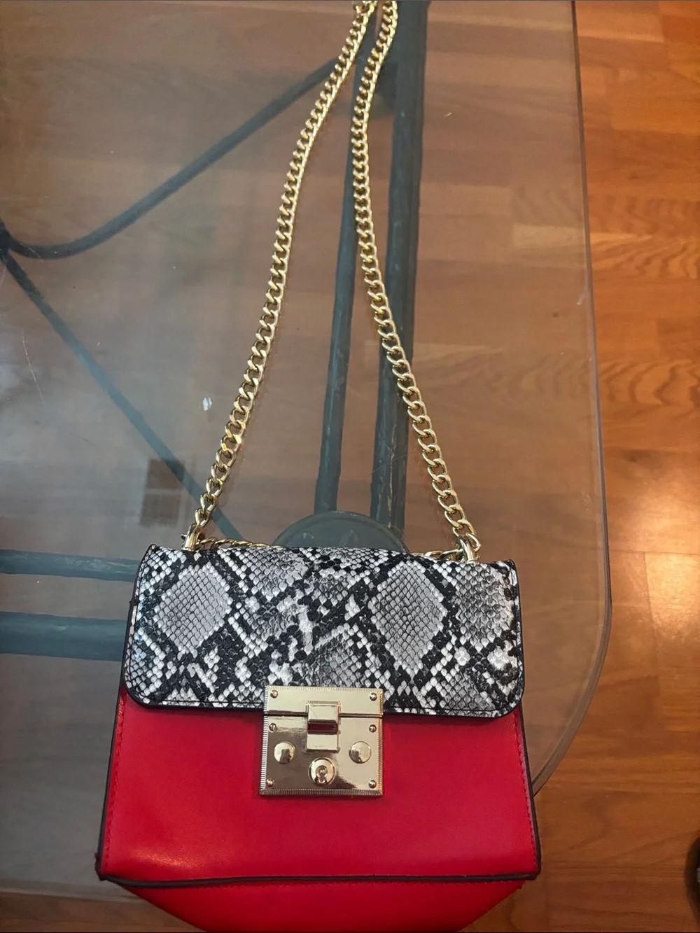 Fashion Nova Red Crossbody with Snake-Print Flap & Gold Chain